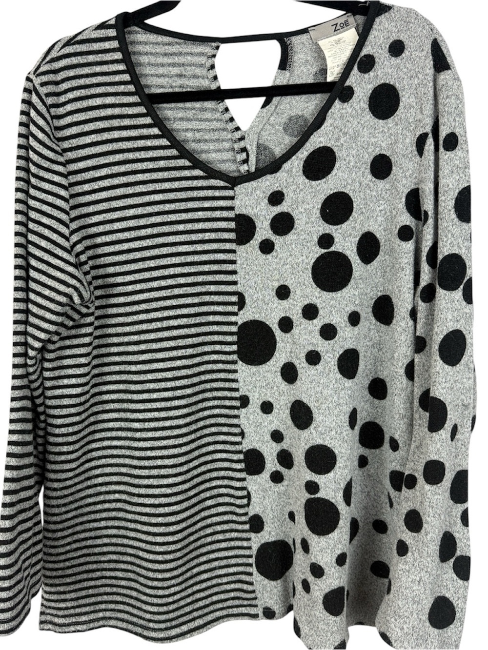 ZOE Mixed Pattern Knit Top Grey Black Striped Polka Dot Cutout Back Size TG/XL